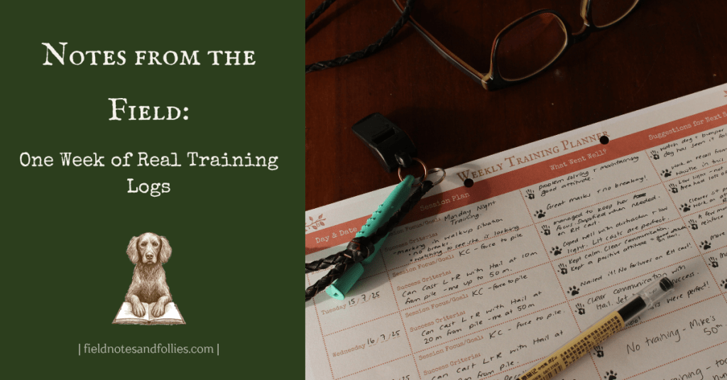 Flat lay weekly training planner with whistles, pen, reading glasses and a cup of tea.